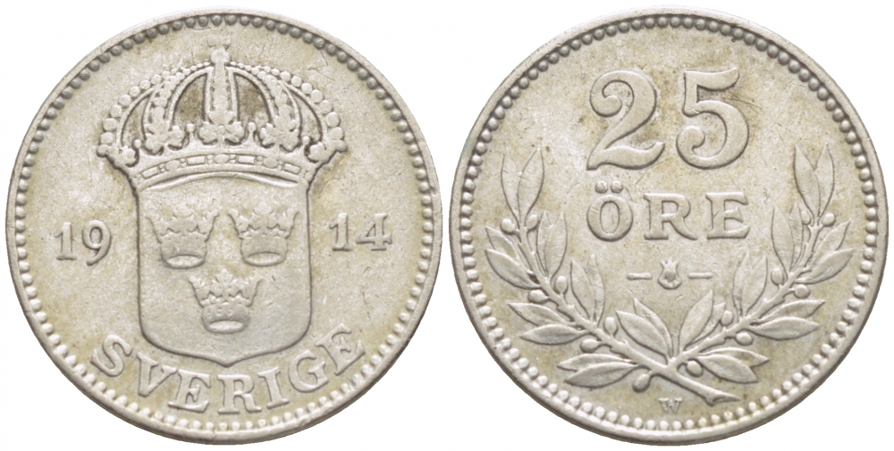 Швеция 25 эре 1914 W, Густав V (1907-1950) KM 785 серебро 112-1139