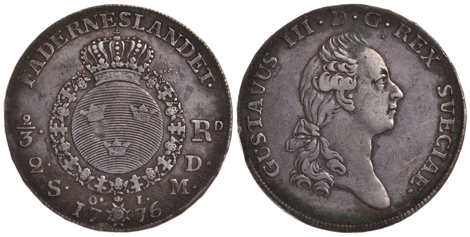 Швеция 2/3 риксдалера 1776 OL, Густав III (1771-1792), редкий год KM 517 (356) серебро 00-816-55