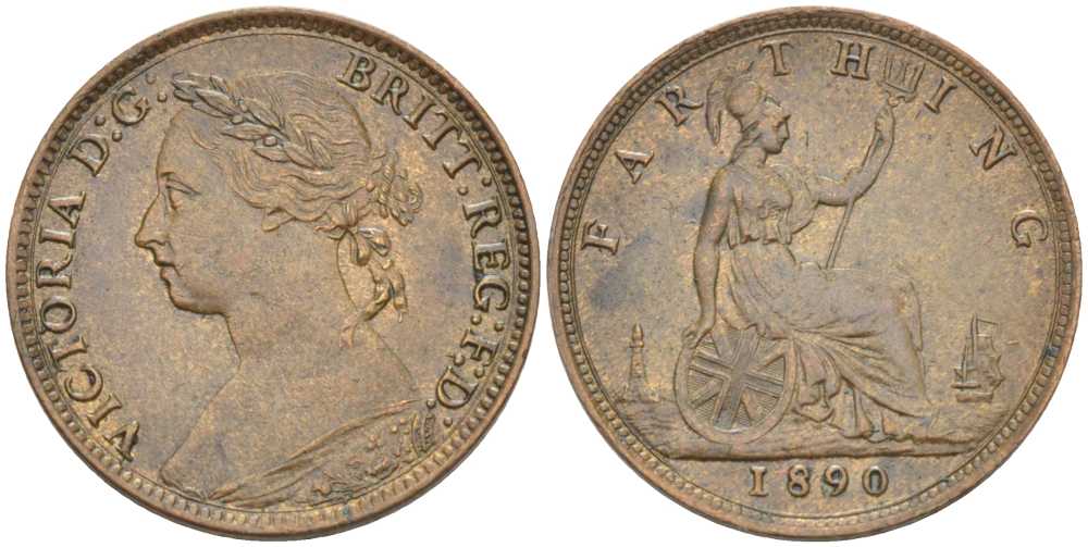 Великобритания 1 фартинг 1890 Виктория (1837-1901) KM 753, Spink 3958 бронза 441-425
