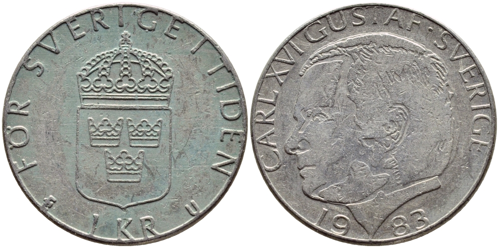Швеция 1 крона 1983 Карл XVI Густав (1973- ) KM 852a медно-никель 4397-1112