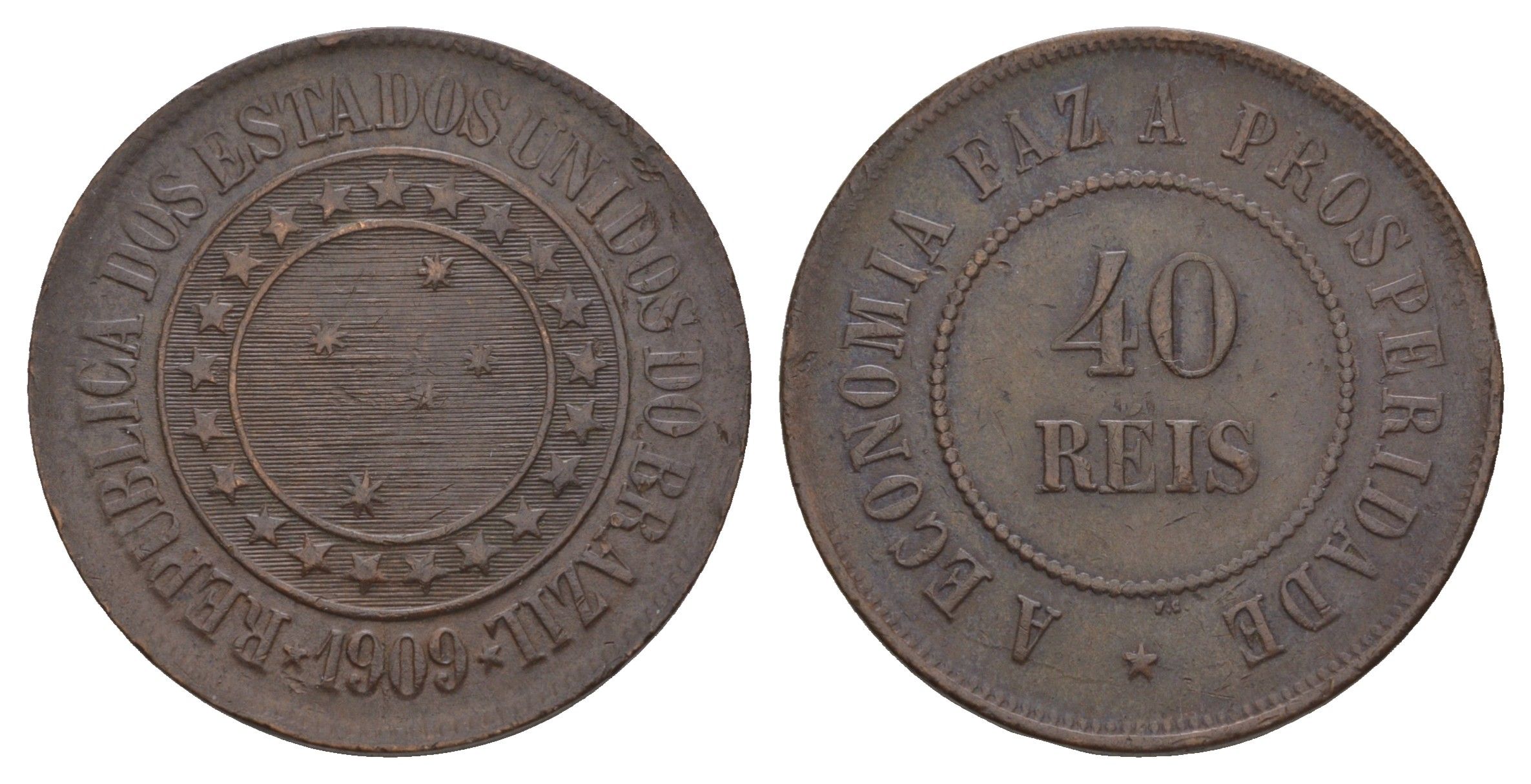 Бразилия 40 реалов (рейсов) 1909 KM 491 бронза 109-212