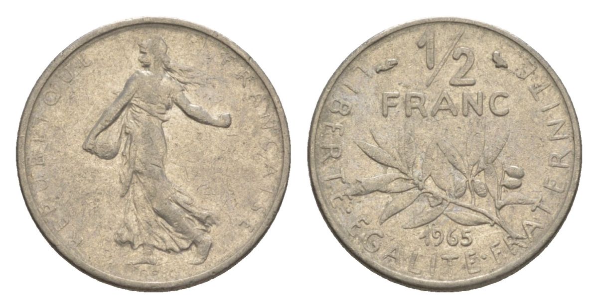 Франция 1/2 франка 1965 сеятель KM 931.1, Le Franc 198.3 никель 4630-418