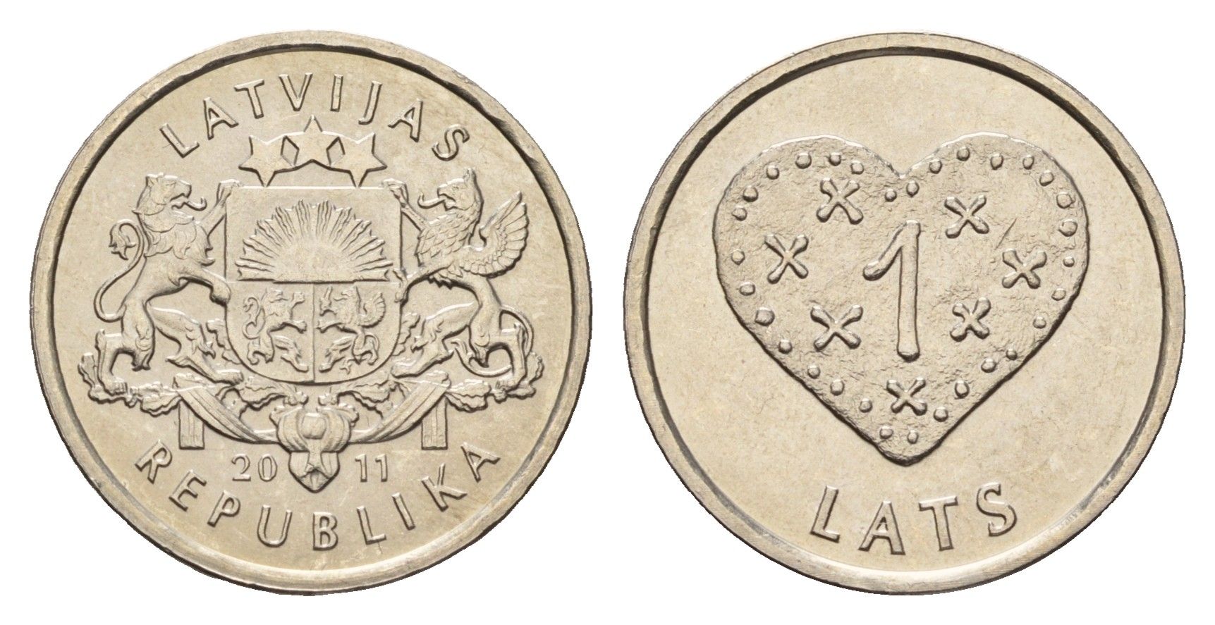 Латвия 1 лат 2011 Пряничное сердце KM 127 медно-никель UNC 4679-358