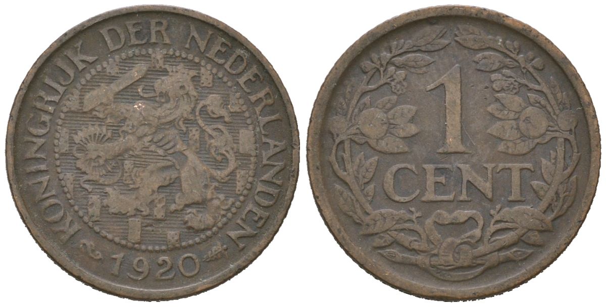 Нидерланды 1 цент 1920 Вильгельмина (1890-1948) KM 152 бронза 4152-357