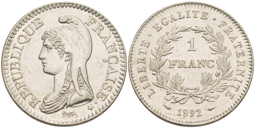 Франция 1 франк 1992 200 лет Французской республике KM 1004.1, Le Franc 229.2 никель 4551-634