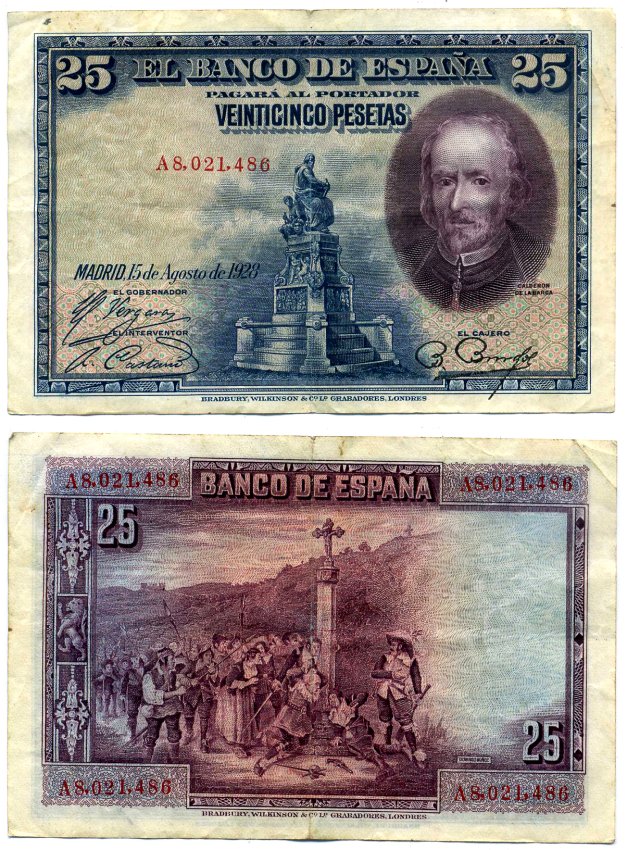 Испания 25 песет 1928 Педро Кальдерон де ля Барка, серия А9 Pick 74b бумага 2119-3-2-2