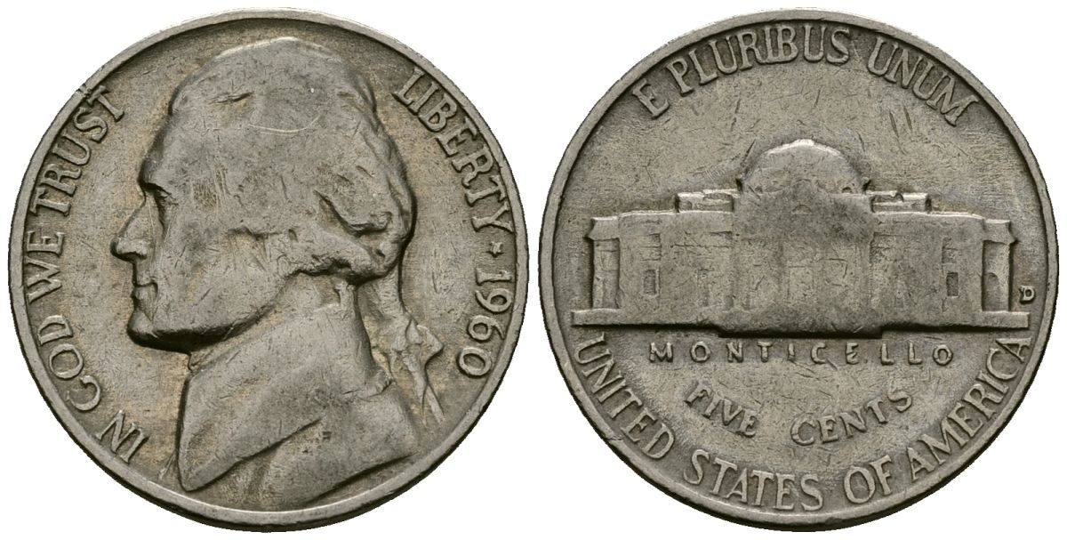 США 5 центов 1960 Джефферсон KM A192 медно-никель 4135-442