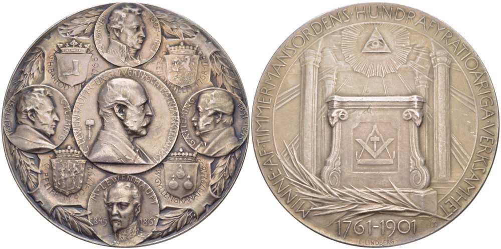 Швеция медаль 1901 в ознаменование 140 лет деятельности ордена масонов (1761-1901), медальер Erik Lindberg, диаметр 70 мм. серебро 10-003-25