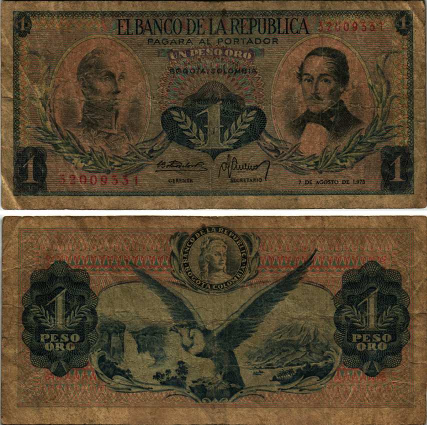 Колумбия 1 песо 1973 7 августа 1973, Симон Боливар, генерал Франсиско де Паула Сантандер Pick 404 е  бумага   435-15-3-1