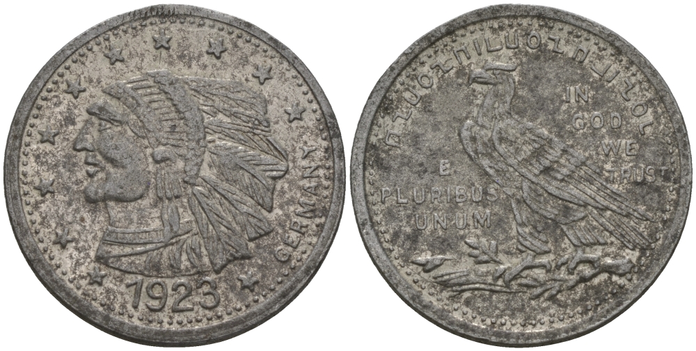 ГЕРМАНИЯ ЖЕТОН ND АМЕРИКАНСКИЙ ОРЕЛ, ИНДЕЕЦ, IN GOT WE TRAST 1923, ДИАМЕТР 20 ММ. белый металл 99-534
