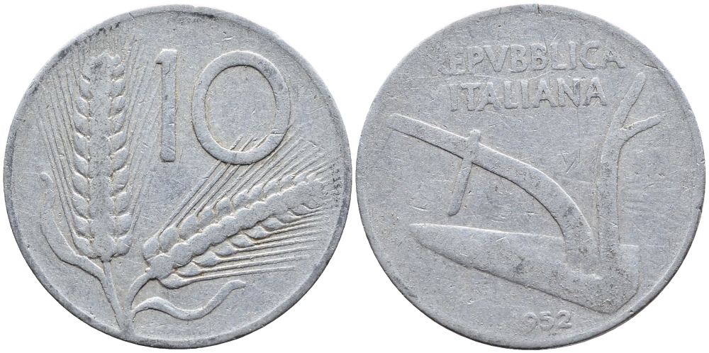 ИТАЛИЯ 10 ЛИР 1952 R, ПЛУГ KM 93 алюминий 4391-1146