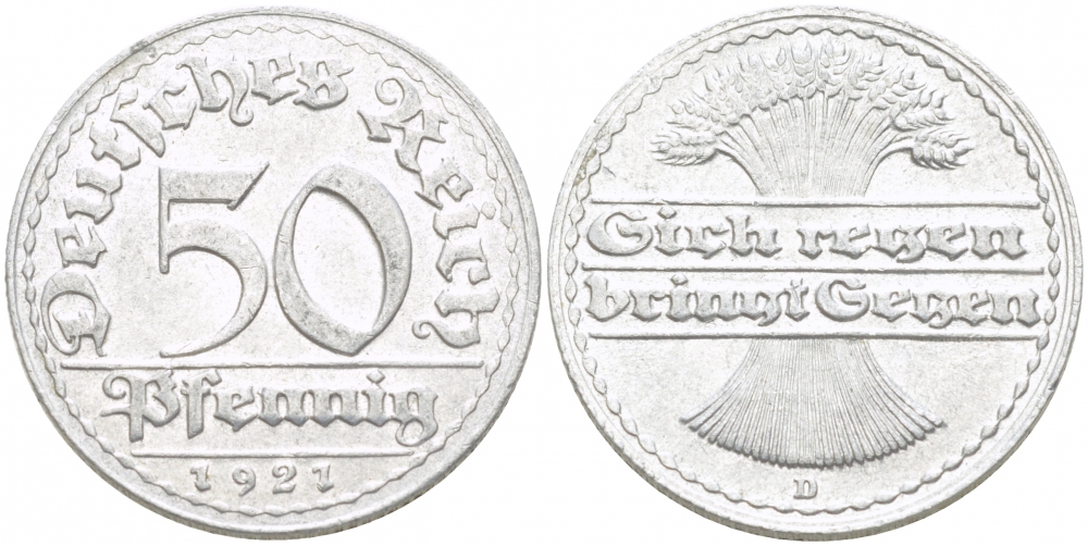 ГЕРМАНИЯ 50 ПФЕННИГОВ 1921 D KM 27, J. 301 алюминий 77-536