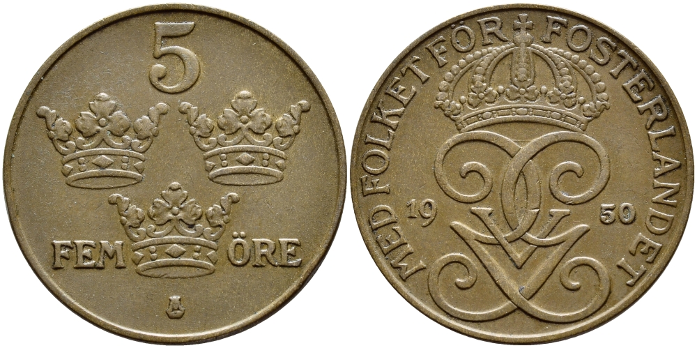 Швеция 5 эре 1950 Густав V (1907-1950) KM 779.2 бронза 4394-942