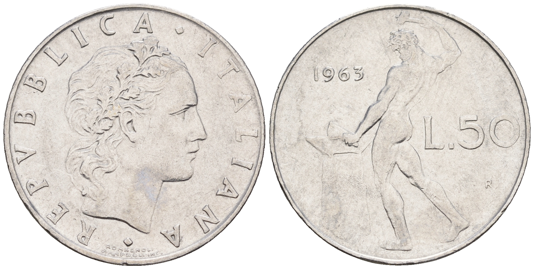 Италия 50 лир 1963 R, бог огня Вулкан у наковальни KM 95.1 нержавеющая сталь 259-132