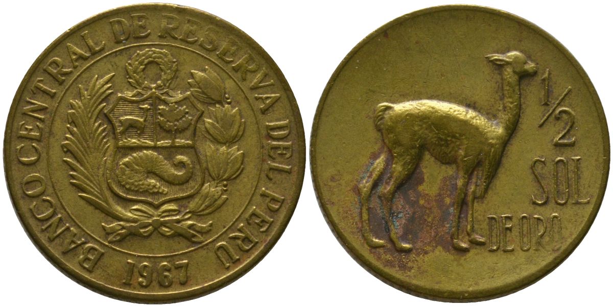 Перу 1/2 соль 1967 лама KM 247, Schon 52 латунь 4539-245