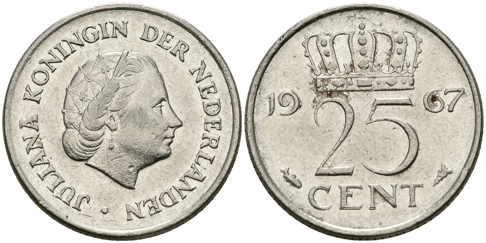 НИДЕРЛАНДЫ 25 ЦЕНТОВ 1967 ЮЛИАНА KM 183 никель 96-166