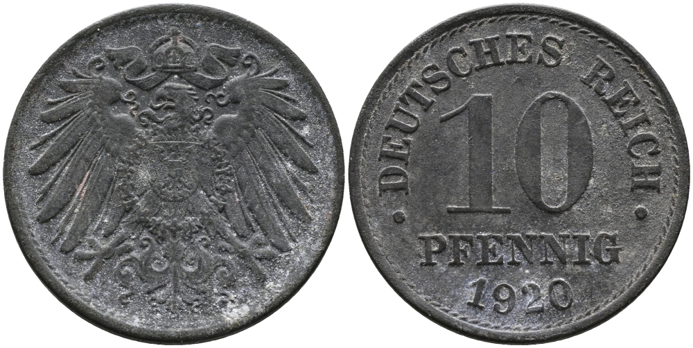 ГЕРМАНИЯ 10 ПФЕННИГОВ 1920 KM 26, J. 299 цинк 33-326