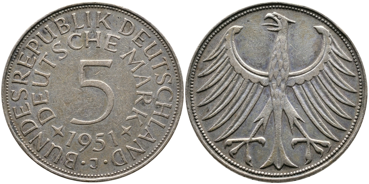 ФРГ 5 марок 1951 J (Гамбург), J. 387, KM 112.1 серебро 4178-1244