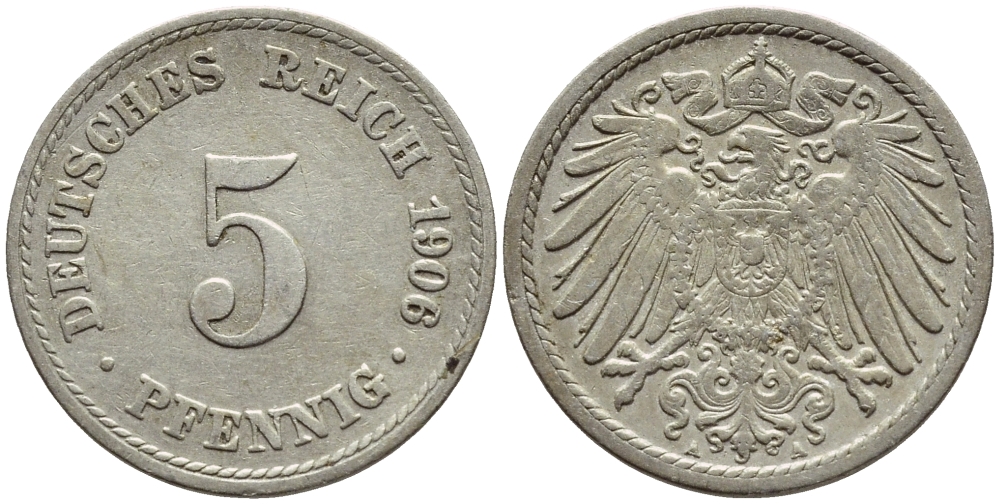 ГЕРМАНИЯ 5 ПФЕННИГОВ 1906 A, KM 11, J. 12 медно-никель 4396-259