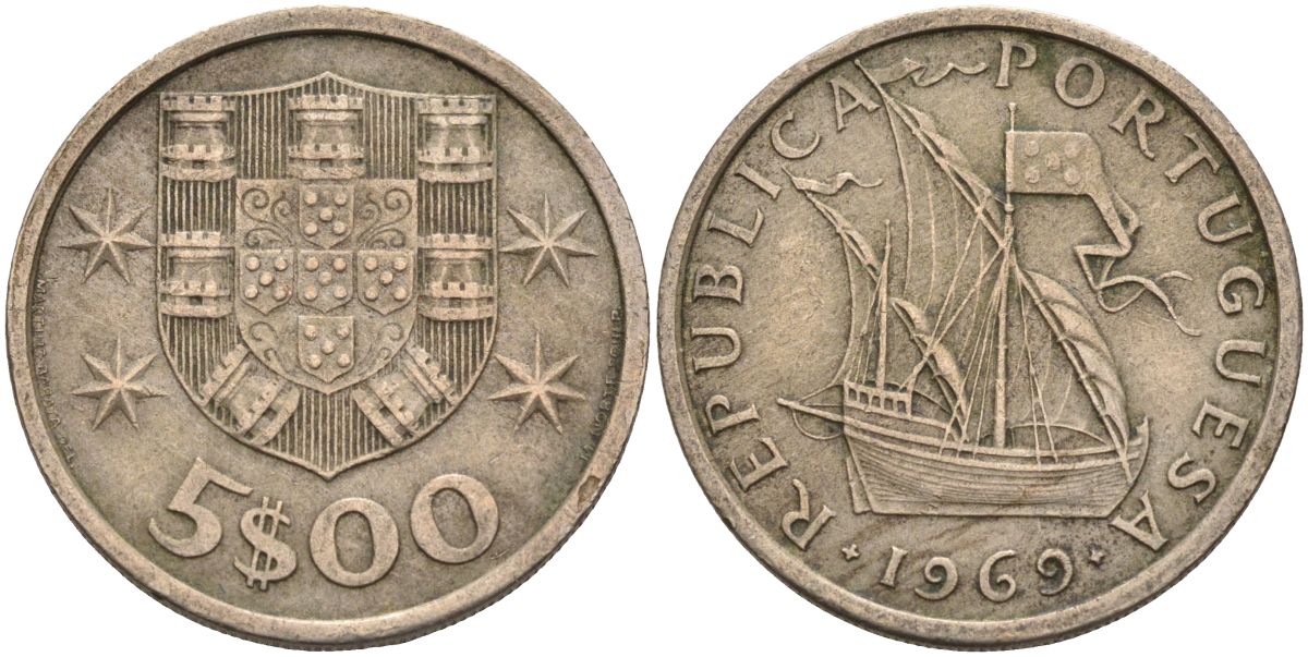 Португалия 5 эскудо 1969 парусник KM 591 медно-никель 4126-621