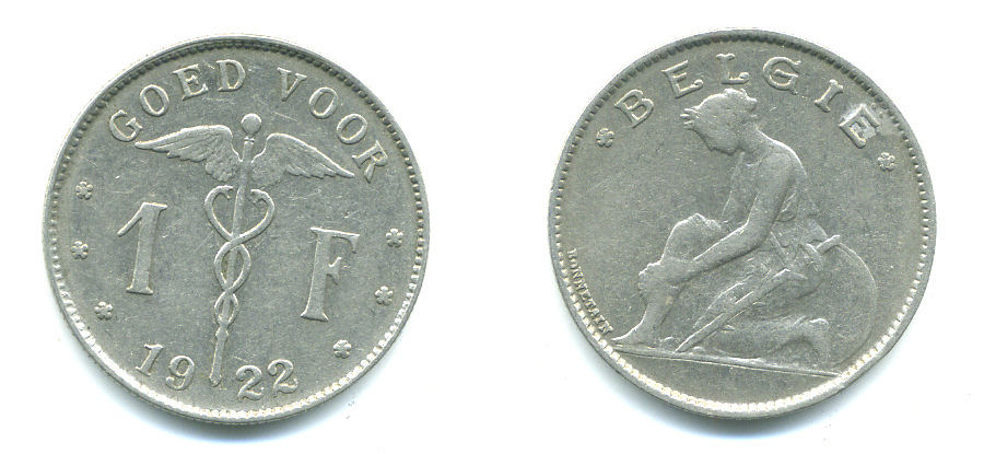 БЕЛЬГИЯ 1 ФРАНК 1922 BELGIE KM 90 никель 25-331