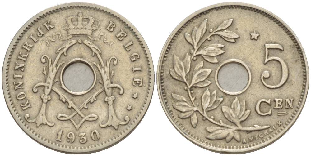 БЕЛЬГИЯ 5 САНТИМОВ 1930 BELGIE, ЗВЕЗДА НАД "5" KM 94 медно-никель 4546-123