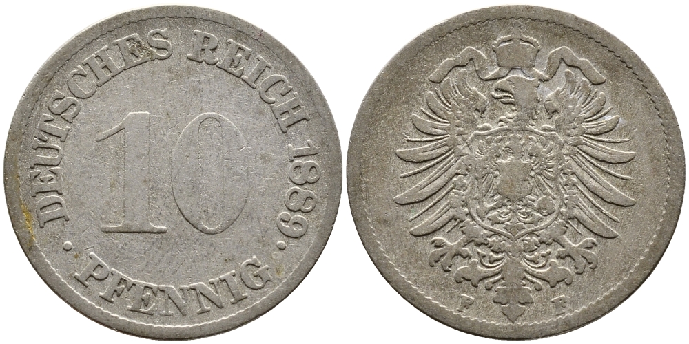 Германия 10 пфеннигов 1889 F, старогарбовка KM 4, Jager 4, Weege 7 медно-никель 85-534