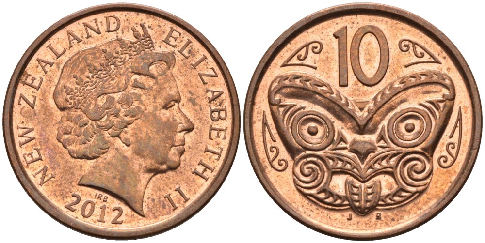 Новая Зеландия 10 центов 2012 маска Маори, Елизавета II (1952-) KM 117а сталь плакированная медью 55-223