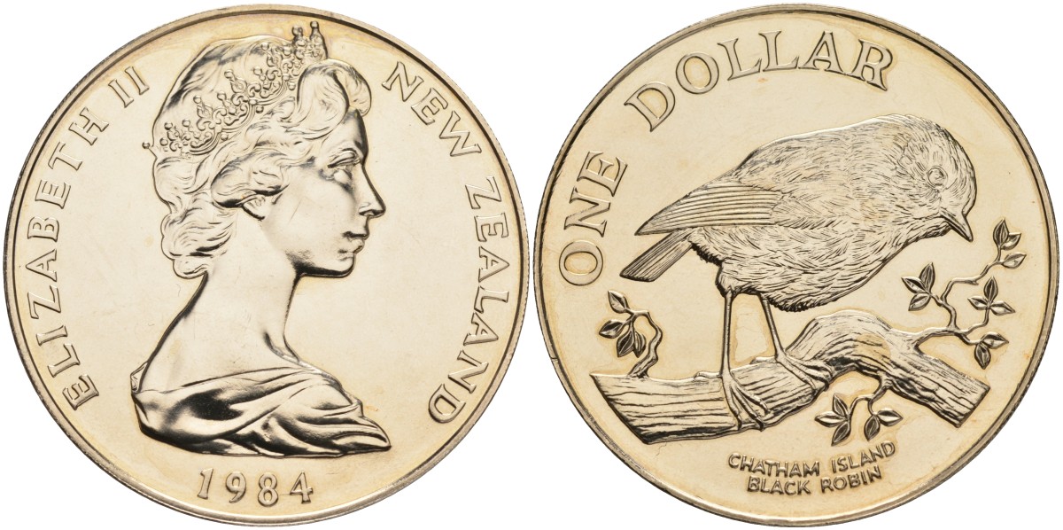 Новая Зеландия 1 доллар 1984 птица черный робин, Елизавета II (1952-2022) KM 54 медно-никель UNC 00-00