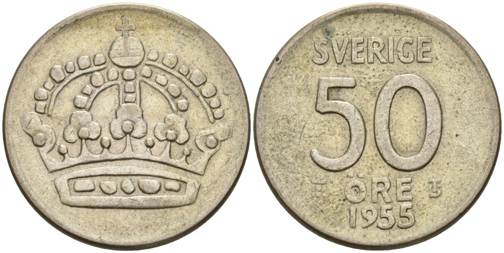 Швеция 50 эре 1955 TS, Густав VI Адольф (1950-1973) KM 825 серебро 4364-3241