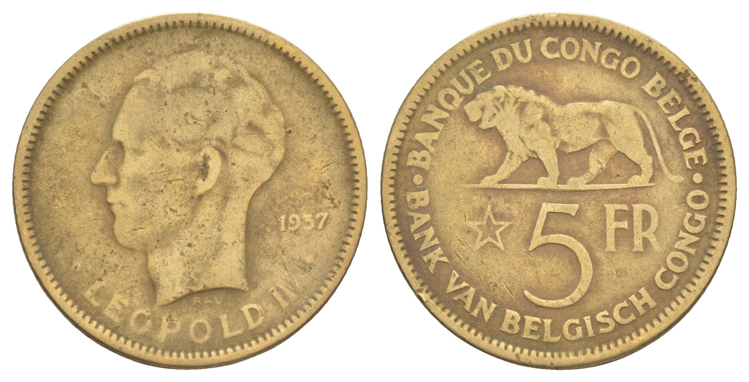 Бельгийское Конго 5 франков 1937 KM 24 никель латунь 1520-723