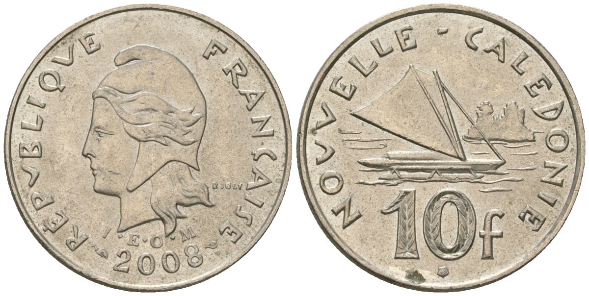 Французская Новая Каледония 10 франков 2008 рыбачья парусная лодка, (IEOM) KM 11a, Schoen 13a, Lec 99k медно-никель 60-913