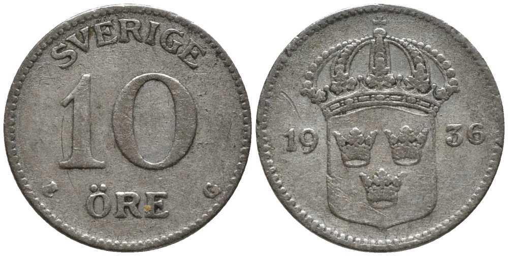 Швеция 10 эре 1936 G, Густав V (1907-1950), короткая 6 КМ 780 серебро 201-1057