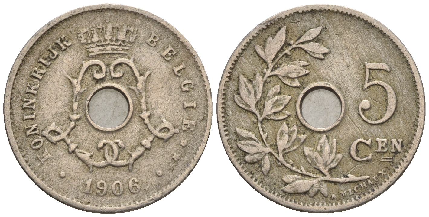 Бельгия 5 сантимов 1906 Belgie, Леопольд II (1865-1909) KM 55 медно-никель 4609-114