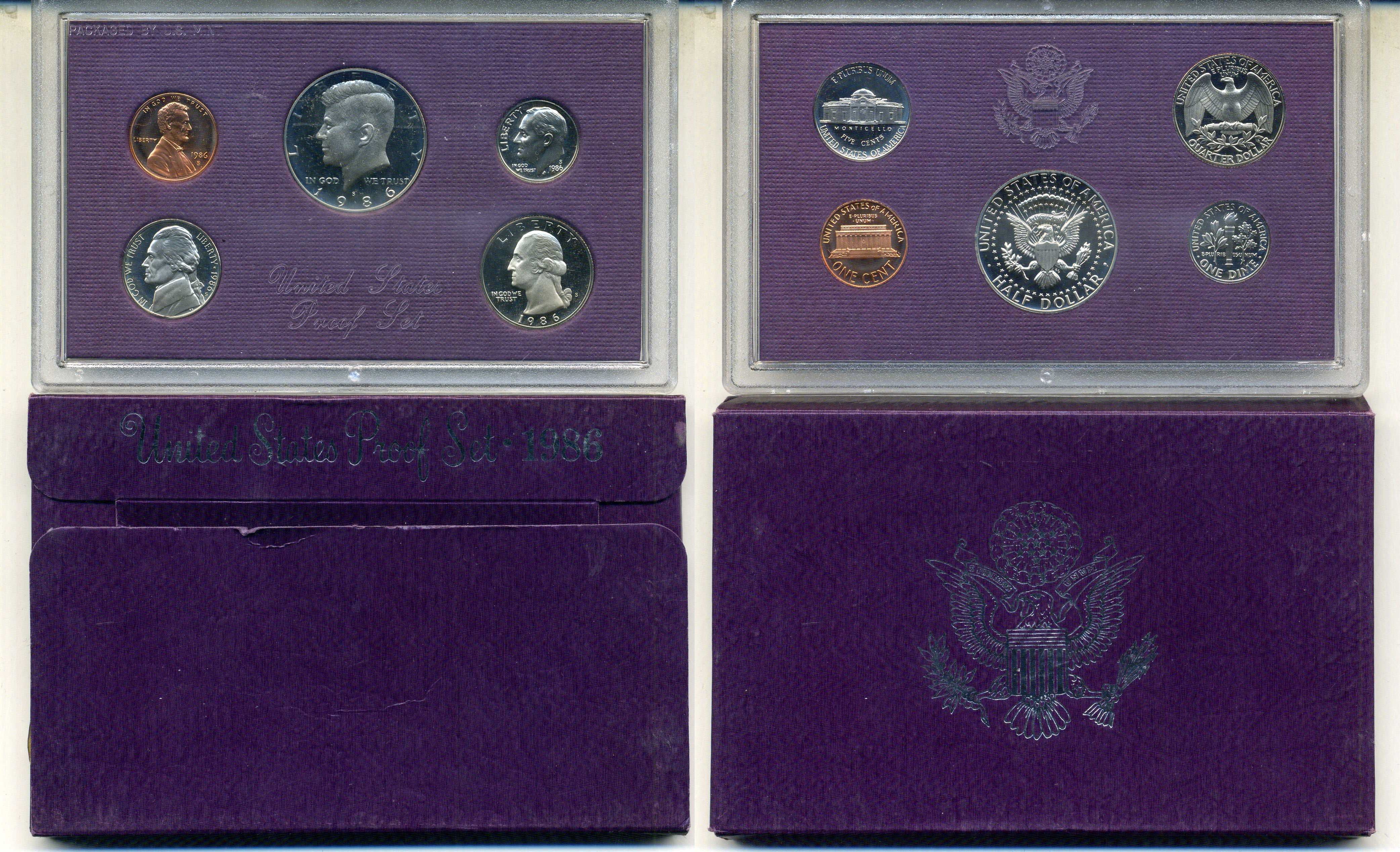 США годовой набор из 5 монет (1, 5, 10, 25 и 50 центов) 1986 в оригинальной упаковке KM PS155 (164a, A192, 195a, 201b и 202b) PROOF 8-2-02-34