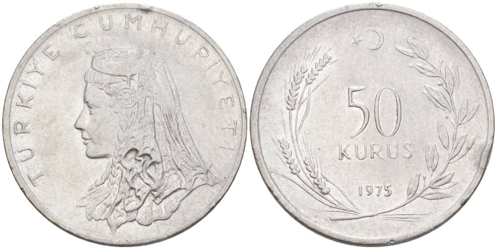 Турция 50 курушей 1975 Анатолийская невеста KM 899 нержавеющая сталь 4551-1156