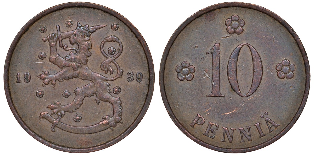 Финляндия 10 пенни 1939 KM 24 медь 51-3157