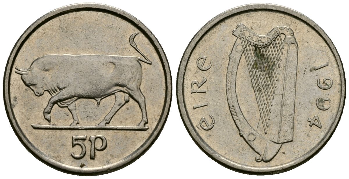 Ирландия 5 пенсов 1994 бык KM 28 медно-никель 4136-923