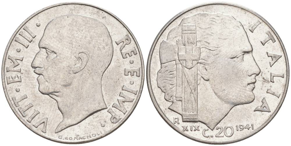 ИТАЛИЯ 20 ЧЕНТЕЗИМО 1941 R, ГОД XIX, ВИКТОР ЭММАНУИЛ III (1900-1946) KM 75b, VEM3. 1028 нержавеющая сталь 3853-1141