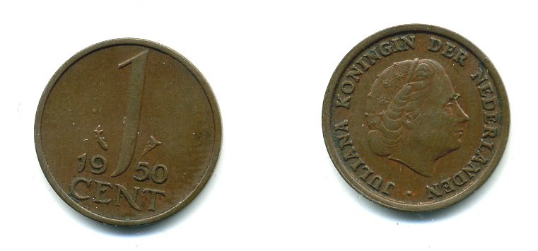 НИДЕРЛАНДЫ 1 ЦЕНТ 1950 ЮЛИАНА KM 180 бронза 76-246
