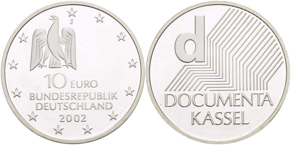 ФРГ 10 евро 2002 J, выставка документов в Касселе KM 217, DE. S. 10.3 серебро UNC 413-4734