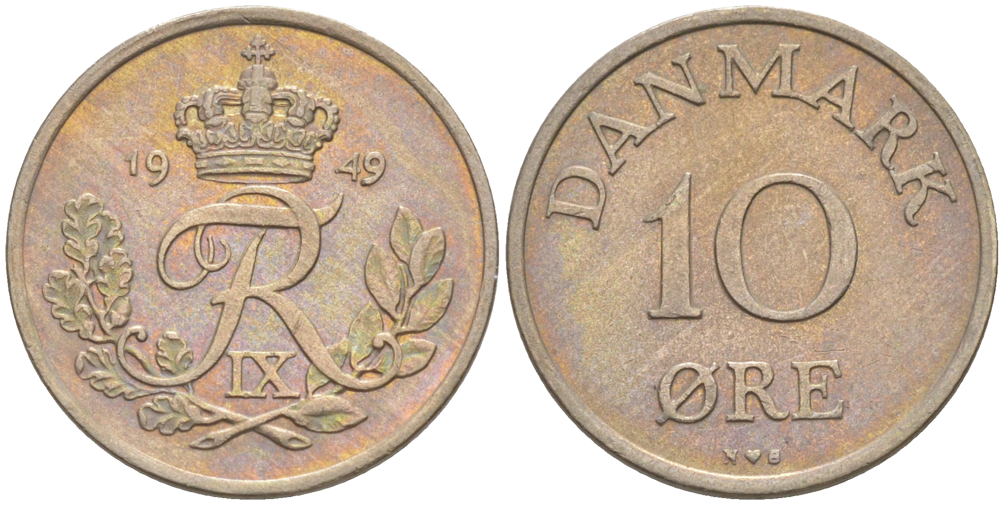 Дания 10 эре 1949 N, Фредерик IX (1947-1972) KM 841 медно-никель     UNC 187-628
