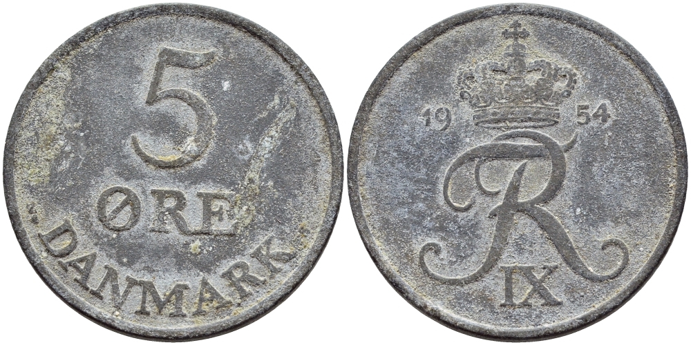 ДАНИЯ 5 ЭРЕ 1954 N; S, ФРЕДЕРИК IX (1947-1972) KM 843.1 цинк 51-4522