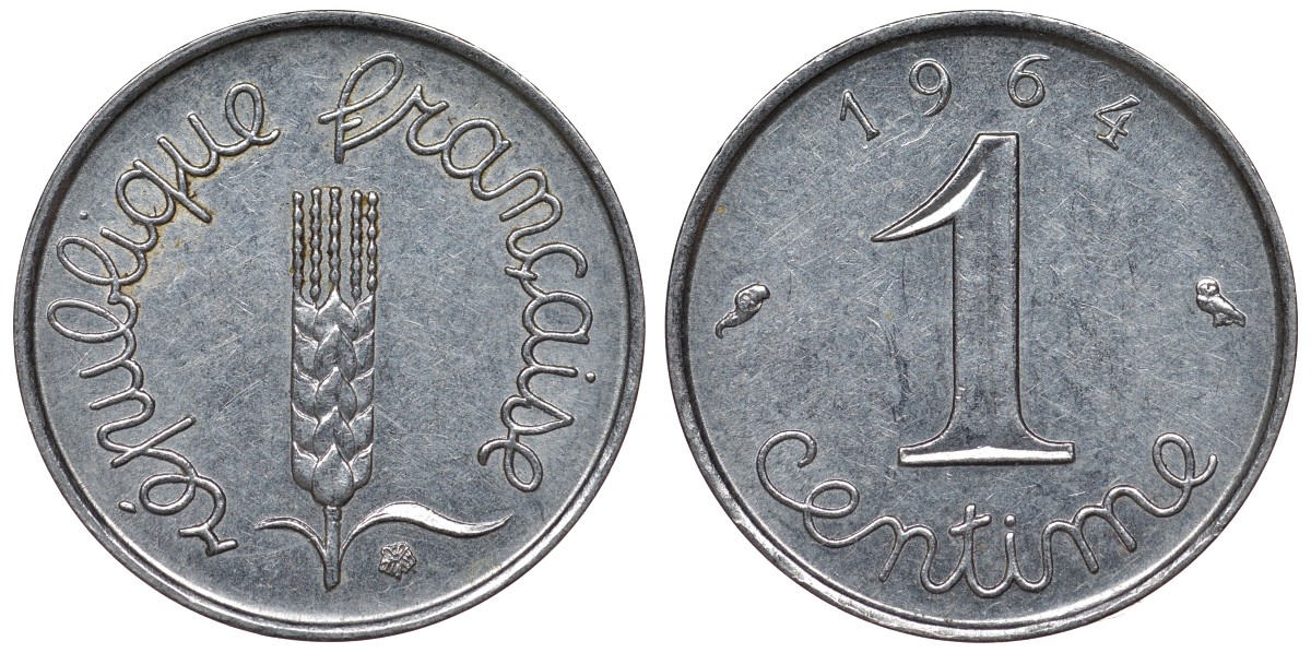 Франция 1 сантим 1964 пятая республика KM 928, Le Franc 106.8 нержавеющая сталь 4124-359
