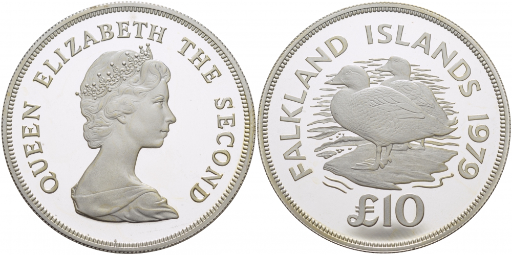 Фолклендские острова 10 фунтов 1979 серия сохраним наш мир, утка - пароход, тираж 3247 экземпляров KM 12 серебро PROOF 11-315-34