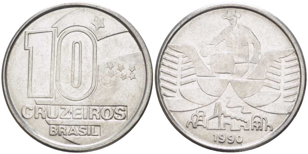 Бразилия 10 крузейро 1990 золотодобыча KM 619.1 нержавеющая сталь 3856-911