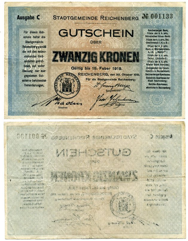 АВСТРИЯ, РИХЕНБЕРГ 20 КРОН 1919 НОТГЕЛЬД бумага 6278-33-2-2