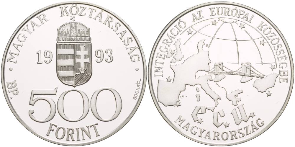 Венгрия 500 форинтов 1993 интеграция в ЕС, мост с Европой KM 704 серебро PROOF 1088-9-34
