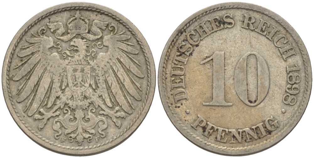 ГЕРМАНИЯ 10 ПФЕННИГОВ 1898 F KM 12, J. 13 медно-никель 4401-1031