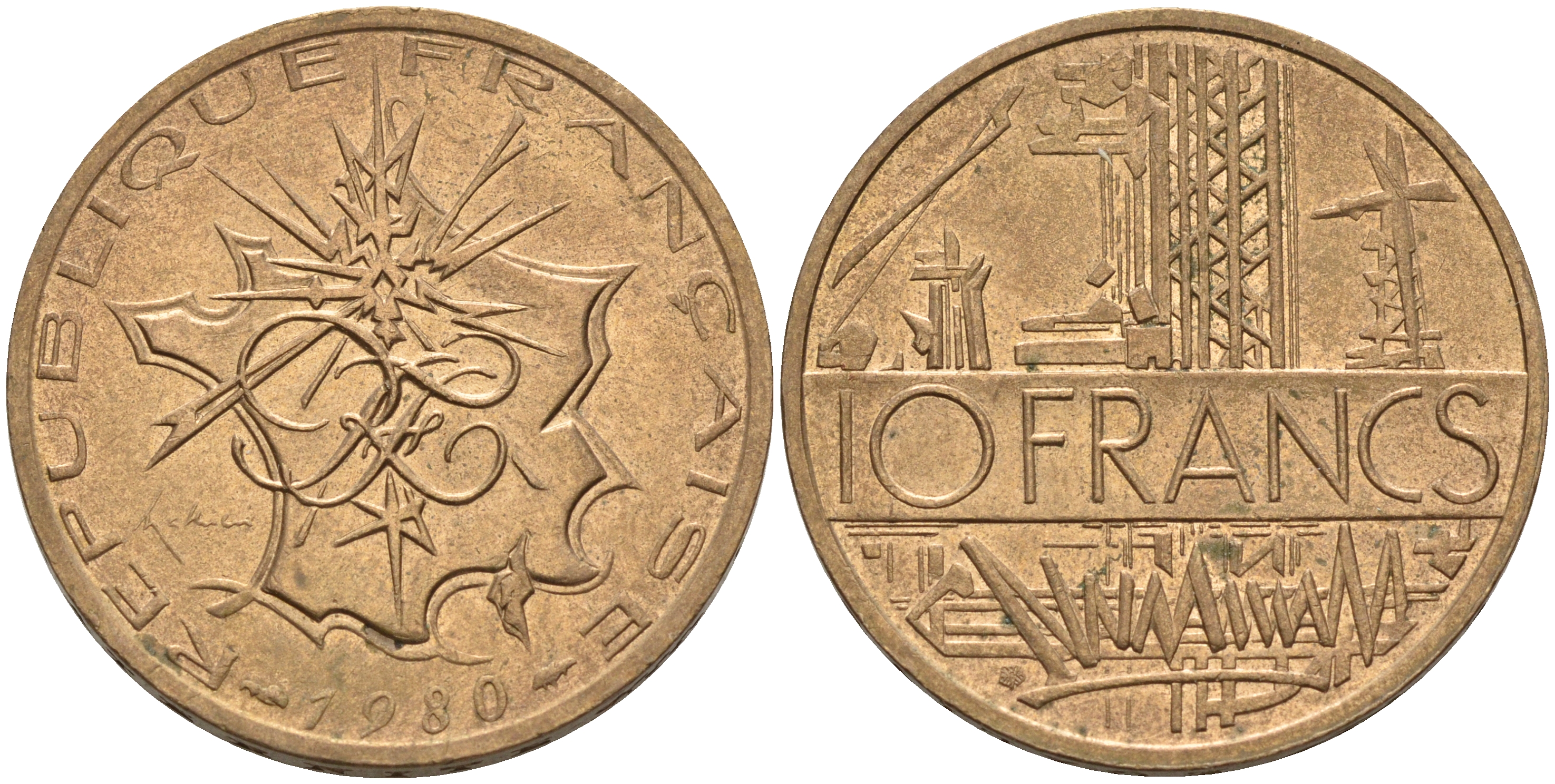 Франция 10 франков 1980 тип Матье KM 940, Le Franc 365.15-16 никель латунь 4599-1026